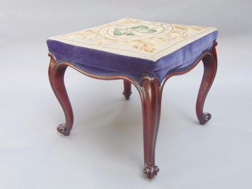 Victorian Mahogany Stool with Needlepoint and Velvet