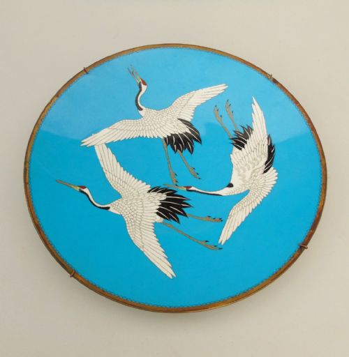 Japanese Meiji Cloisonne Charger Cranes