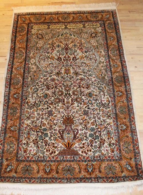 Signed Antique Silk Prayer Rug Kashmir