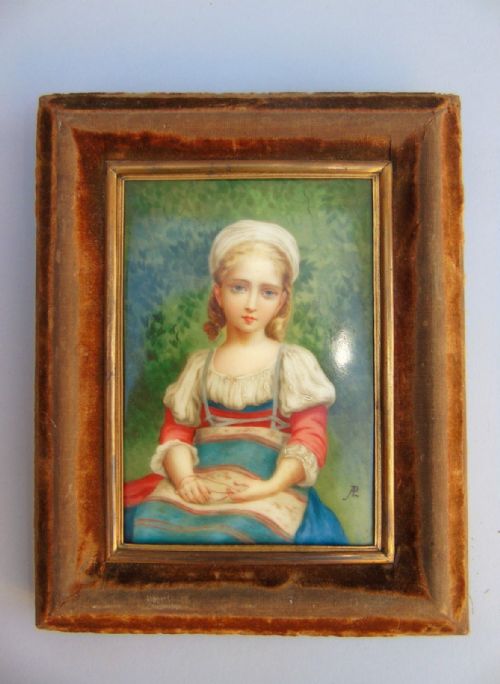 Miniature Portrait on Porcelain Young Girl 19th Century