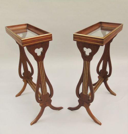 Elegant Pair of French Mahogany Brass Inlaid Sofa / Wine Tables