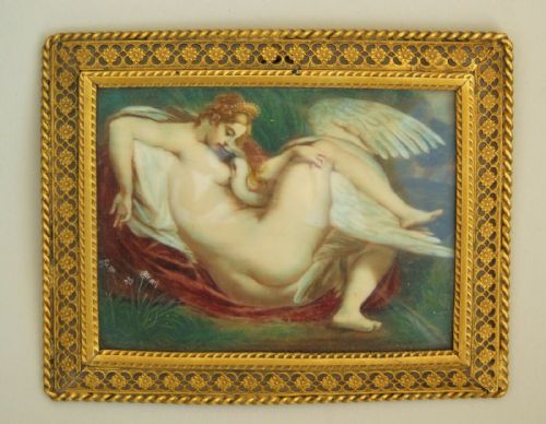 19th Century Gilt Frame Miniature Painting on Ivory Leda & the Swan