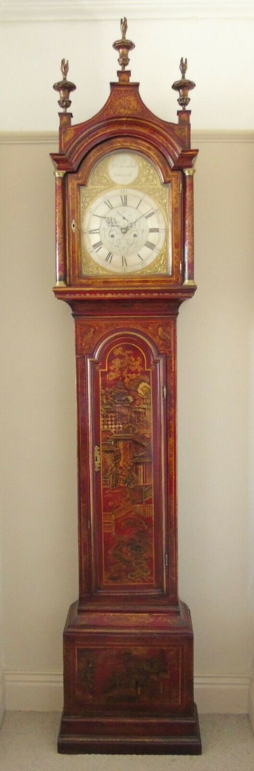 Outstanding 18th Century Red Lacquer Chinoiserie Longcase Clock
