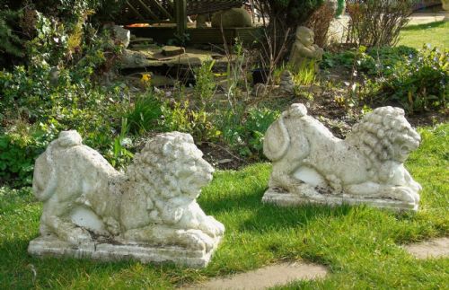 Pair of Antique Medieval Style Garden Lions