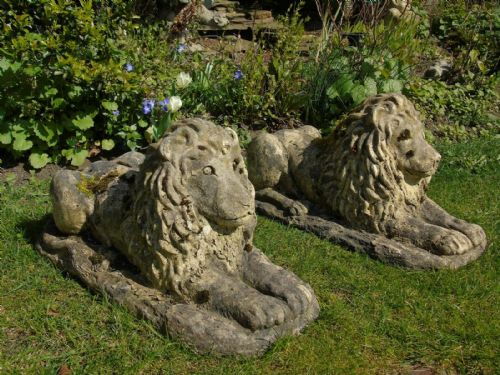 Good Pair of Recumbent Lion Stone Garden Ornaments