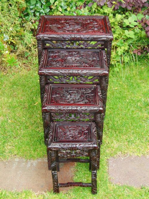 fig 1. Antique Chinese Carved Hardwood Nest of 4 Tables