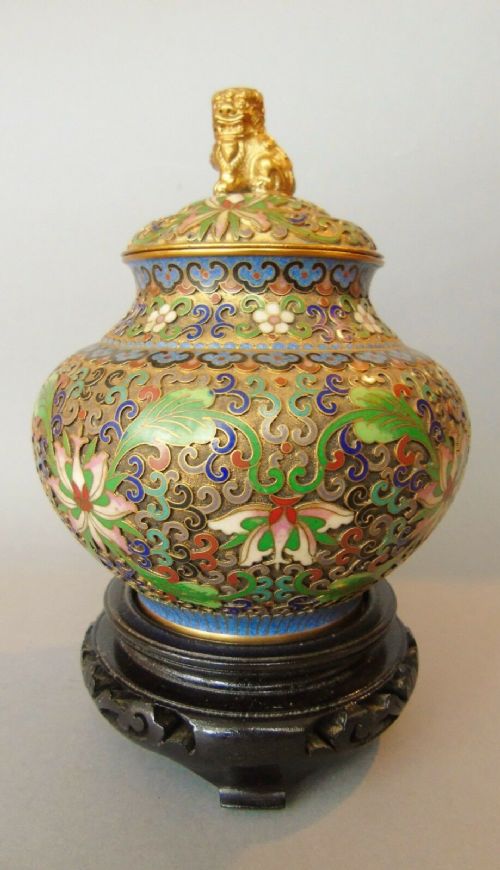 Antique Chinese Cloisonne Lidded Vase Lion Finial