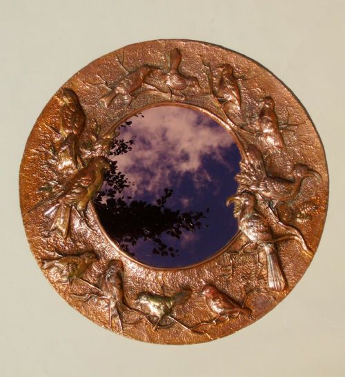 Hammered Copper Frame Mirror with Birds