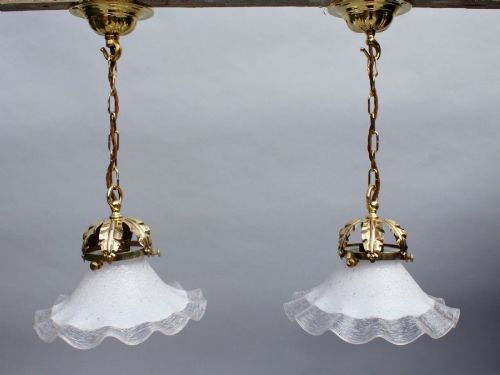 Pair of Antique Brass Ceiling Lights with Crimped Milk Glass Shades