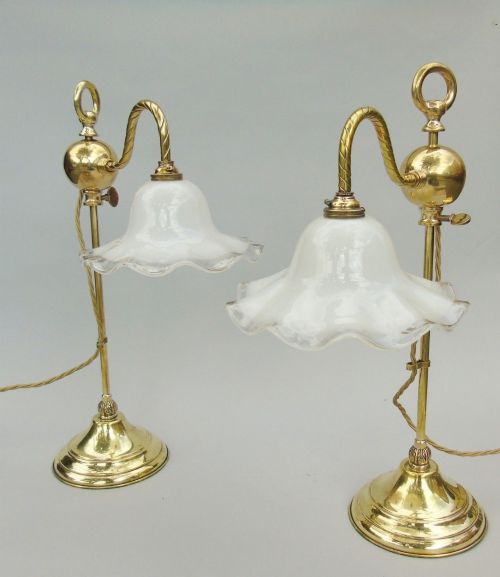 Good Pair of Antique Rise & Fall Brass Table Lamps