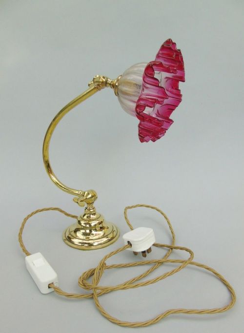 Pretty Cranberry Glass & Brass Antique Table Lamp
