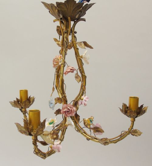 Antique Gilt Bronze & Ceramic Floral Chandelier French
