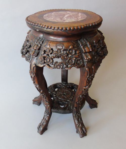 Antique Chinese Rosewood Plant Stand with Marble Top