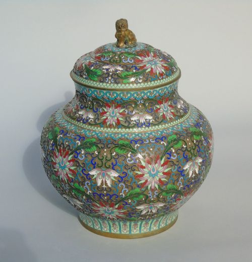 Antique Large Chinese Champleve Enamel Vase and Cover