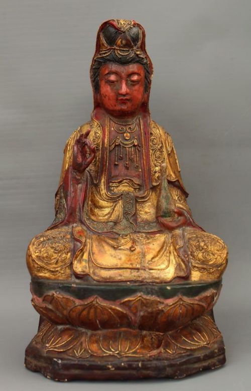 19th Century Lacquer Chinese Polychrome Figure Guanyin