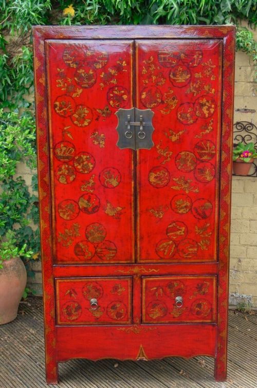 Fabulous Red Lacquer Chinese Wedding Cabinet