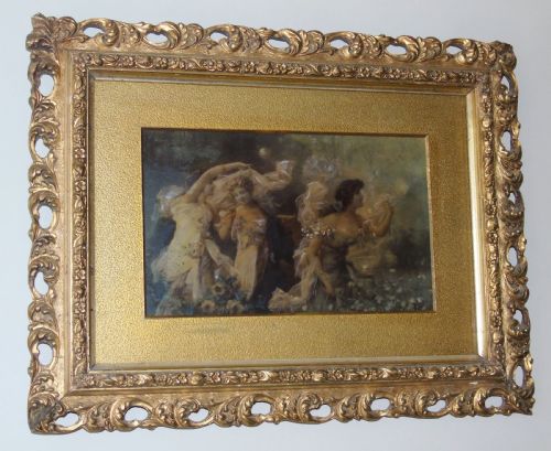 Beautiful Antique Crystoleum Reverse Painting on Glass Maidens