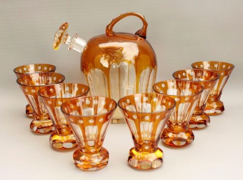 Bohemian Amber Cut Glass Liqueur Set