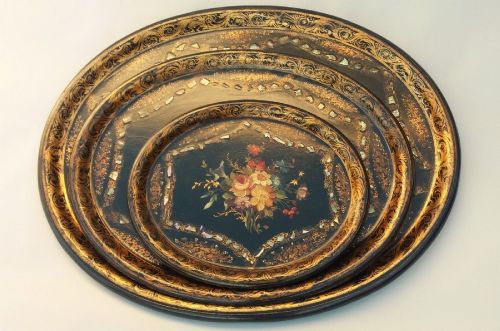 Rare Set of Three Mother of Pearl Papier Mache Trays