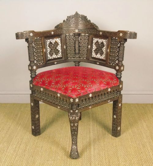 Antique Inlaid Syrian Hardwood Corner Armchair