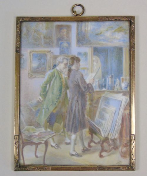19th Century Miniature Painting of Two Gentlemen in an Artists Studio