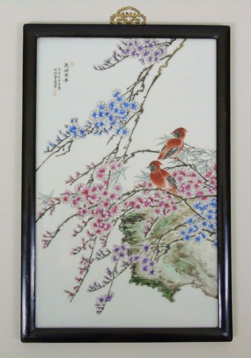 Antique Chinese Porcelain Plaque in Hardwood Frame Birds & Blossom