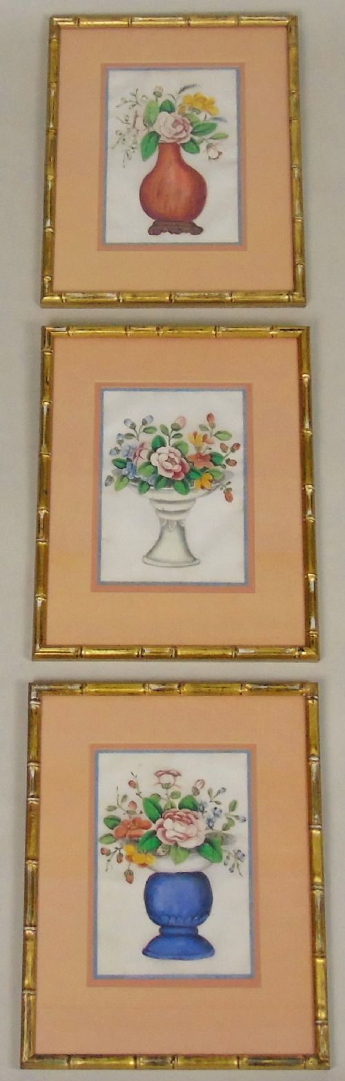 Good Set of Three Antique Chinese Pith Paintings Urn of Flowers