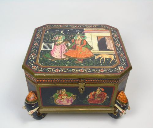 Antique Indian Wood & Polychrome Decorated Spice Box