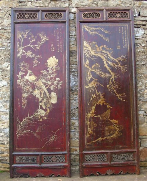 Impressive Pair of Chinese Chinoiserie Lacquered Panels
