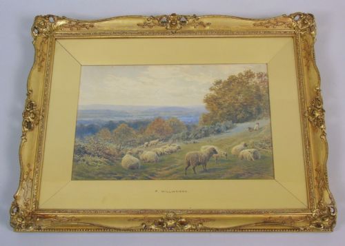 fig 1. 19th Century Watercolour Frederick Williamson Shepherd at Rest With His Flock