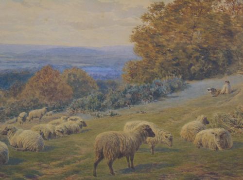 fig 2. 19th Century Watercolour Frederick Williamson Shepherd at Rest With His Flock