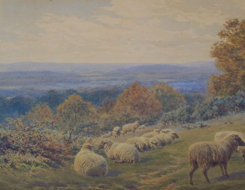 fig 3. 19th Century Watercolour Frederick Williamson Shepherd at Rest With His Flock