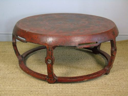 Antique Chinese Drum Table Red Lacquer
