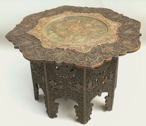 Antique Indian Carved Hardwood & Polychrome Copper Table
