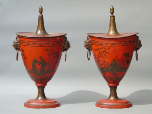 Antique Pair Regency Toleware Chestnut Urns and Covers