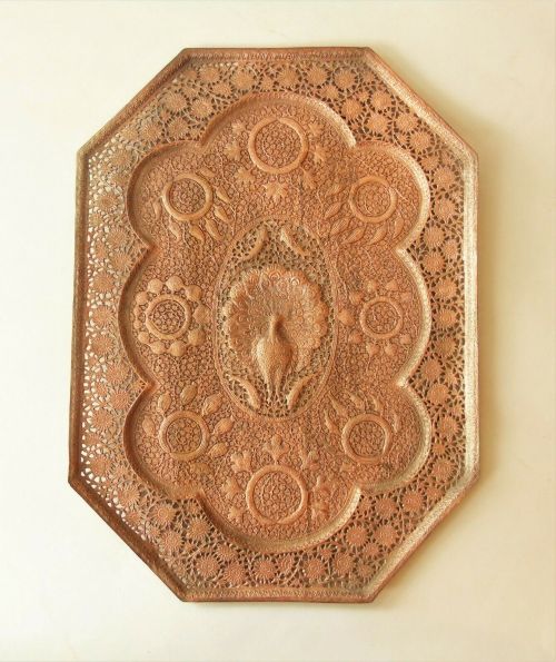 Stunning Arts & Crafts Copper Tray Eastern Peacock Design