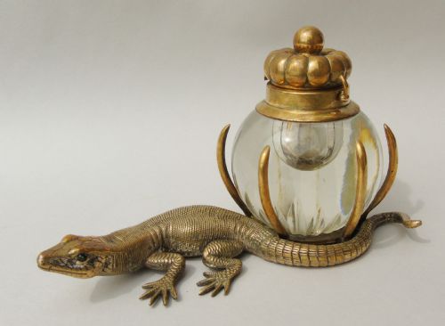 Antique Gilt Bronze and Cut Glass Lizard Inkwell