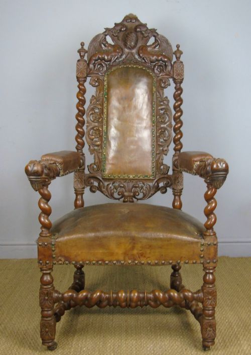 fig 1. Stunning Large French Carved Leather Chair Griffins