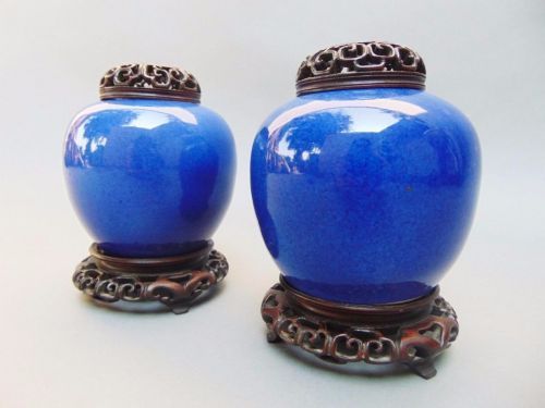 Fine Pair of Antique Chinese Blue Glaze Vases on Stands