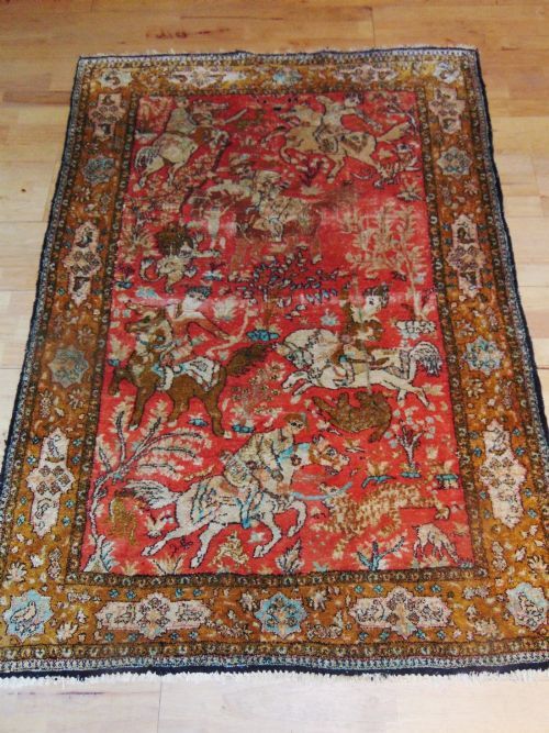 Persian Silk Ghom Antique Hand Woven Hunting Carpet / Rug