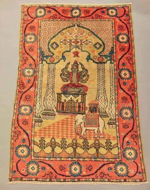 Rare Pictorial Silk Prayer Rug East Turkestan
