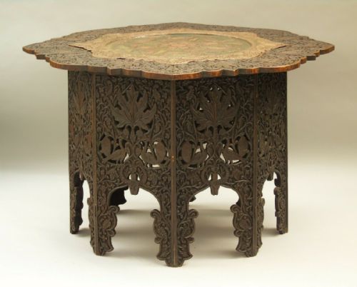 Anglo Indian Hardwood & Copper Table Polychrome Peacock Design