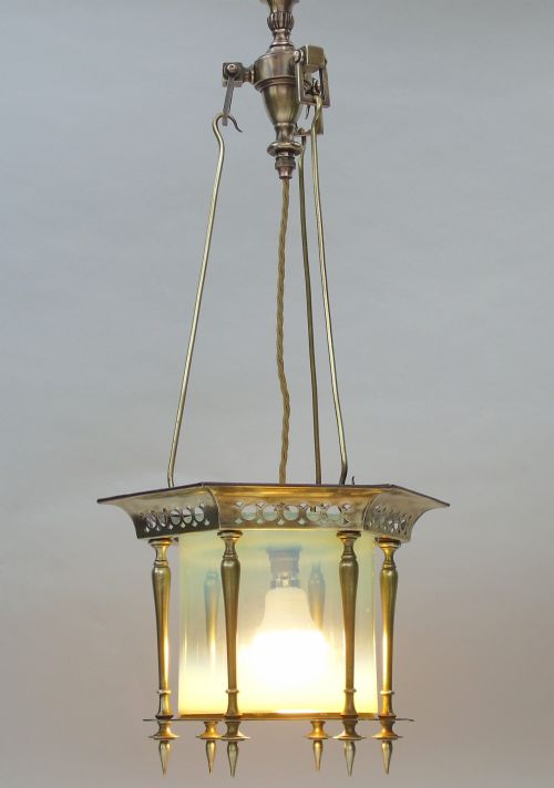 Beautiful Arts & Crafts Vaseline Glass Lantern Chandelier