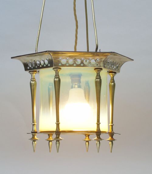 fig 1. Beautiful Arts & Crafts Vaseline Glass Lantern Chandelier