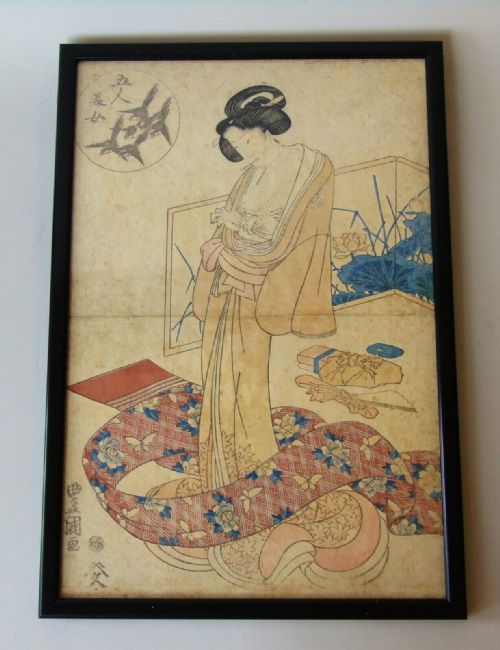 Kunisada Japanese Woodblock Print Portrait of a Bijin Disrobing