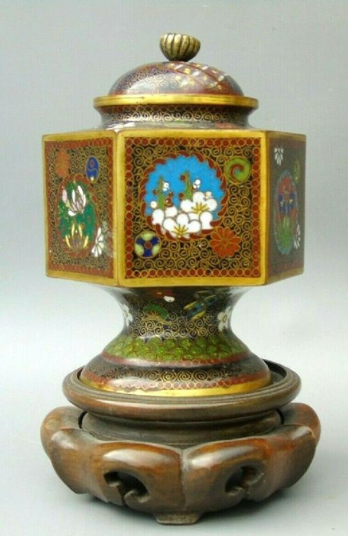 Japanese Cloisonne Vase and Cover on Hardwood Stand