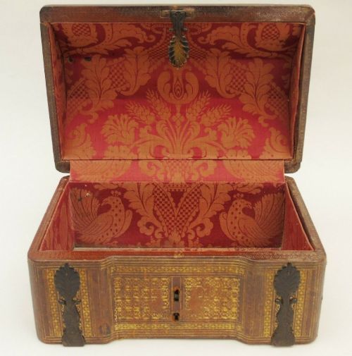 Antique Gilt Tooled Leather Casket / Jewellery Box with Bronze Mounts