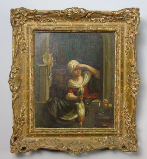 19th Century Flemish Oil Painting the Kitchen Maid
