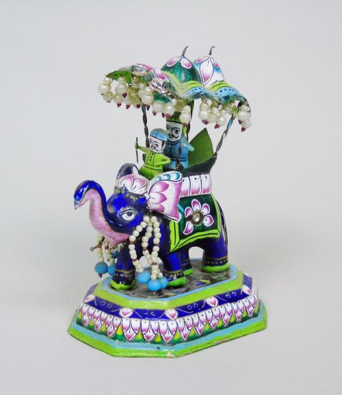 Antique Indian Elephant with Houdah White Metal and Hardstone