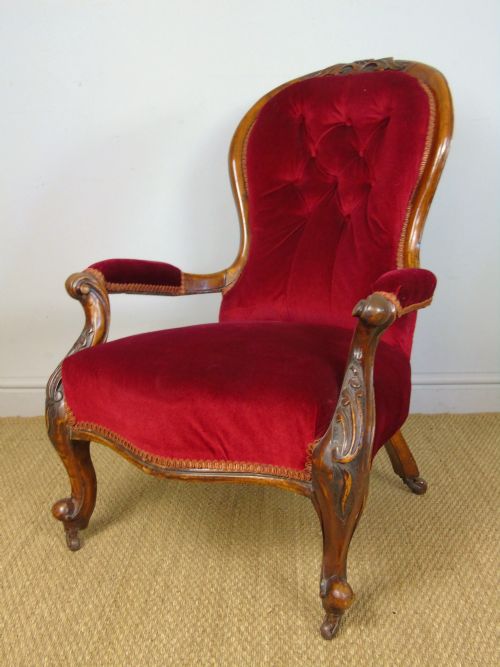 Victorian Mahogany Red Velvet Armchair